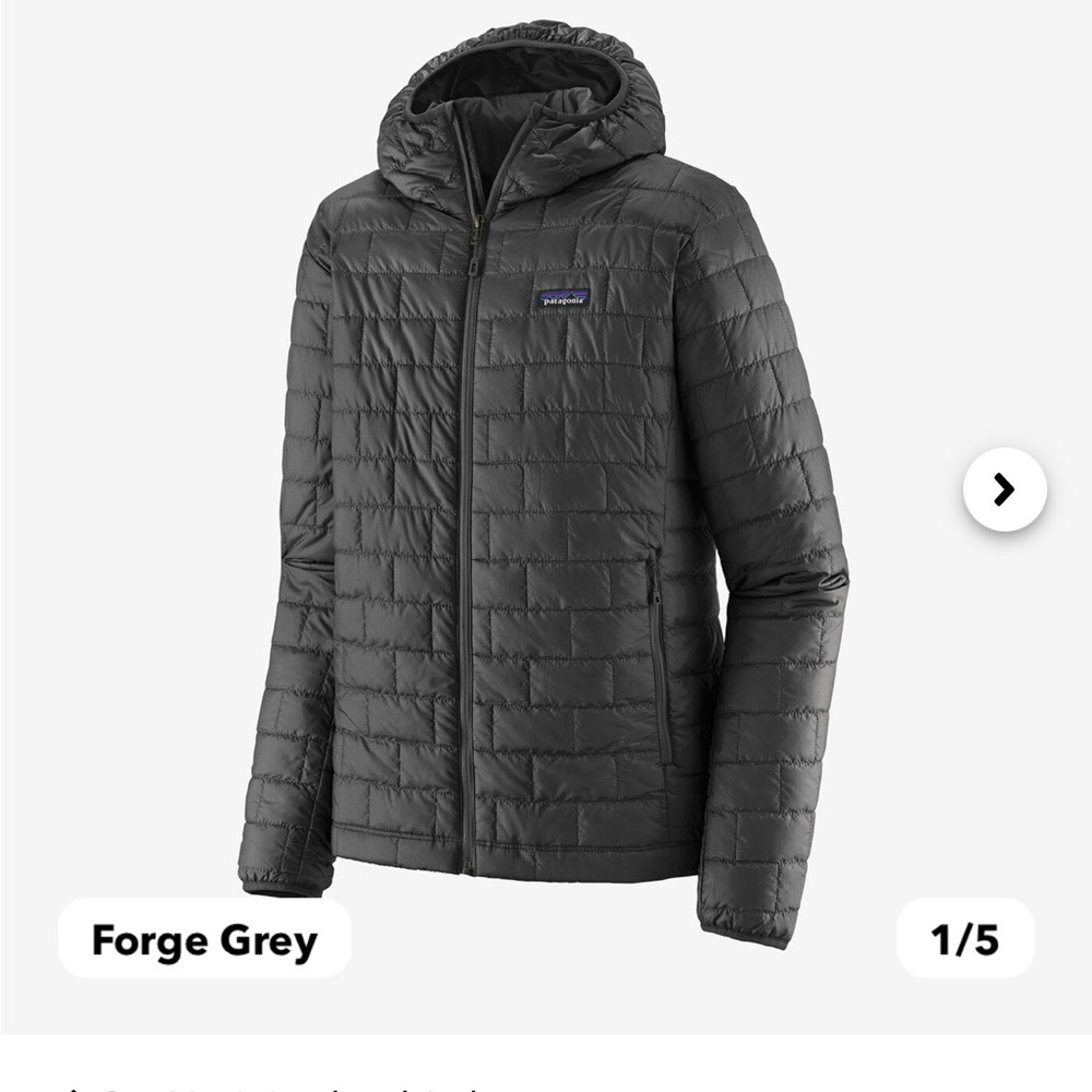 Men’s Patagonia size, small nano puffer hooded jacket dark grey